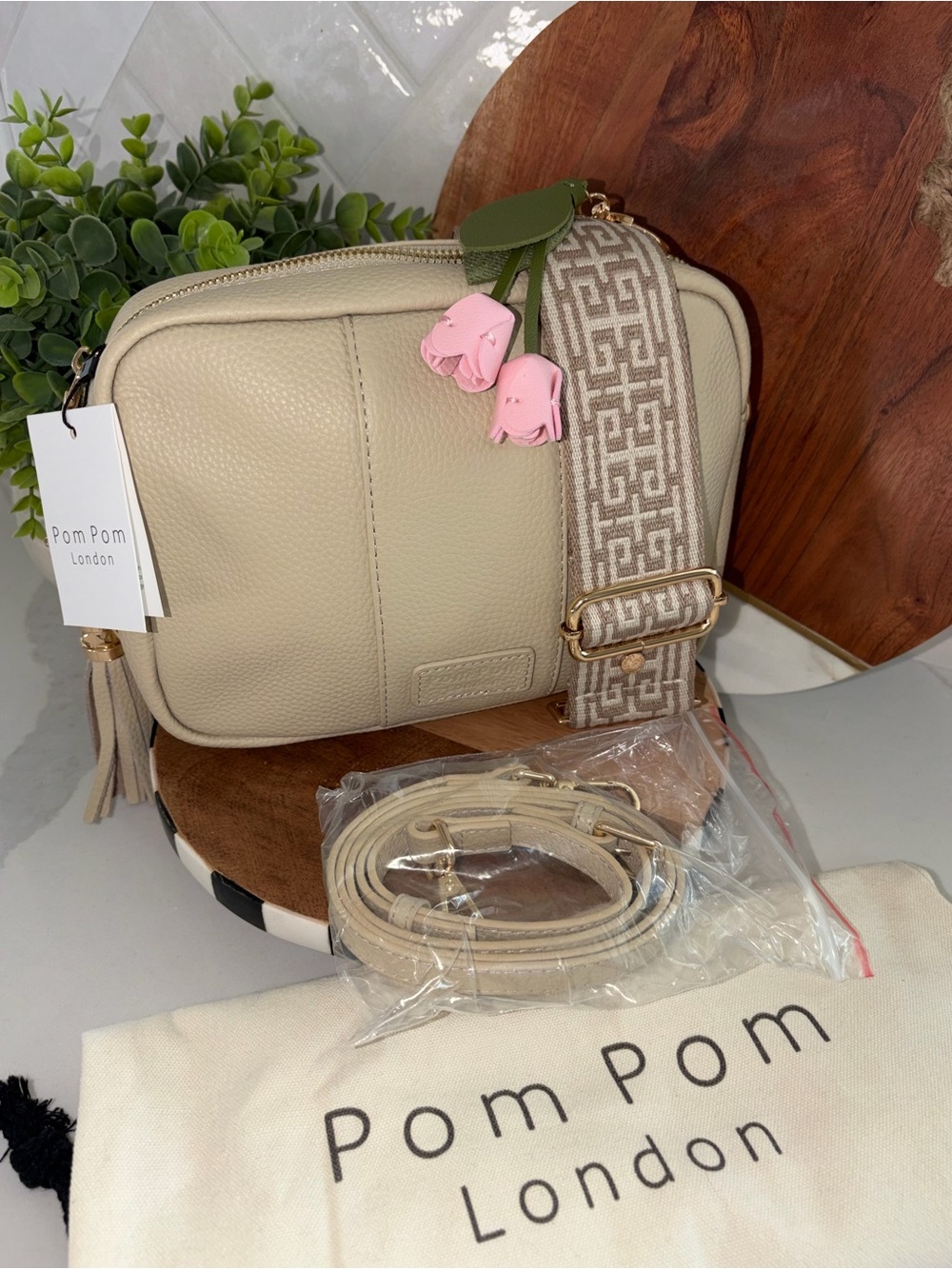 Pom Pom London vanilla beige off white cream City crossbody bag purse bundle NWT